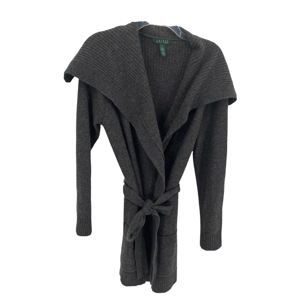 Lauren Ralph Lauren Womens Large Gray 100% Lambswool Cardigan Sweater Belted